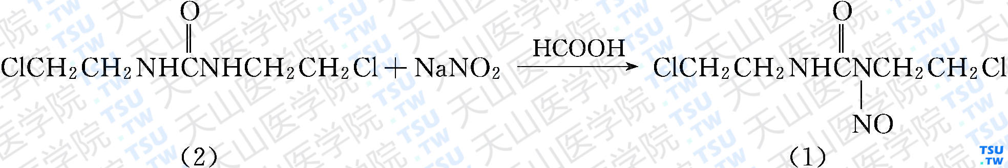 卡莫司汀（分子式：C<sub>5</sub>H<sub>9</sub>Cl<sub>2</sub>N<sub>3</sub>O<sub>2</sub>）的合成方法路线及其结构式