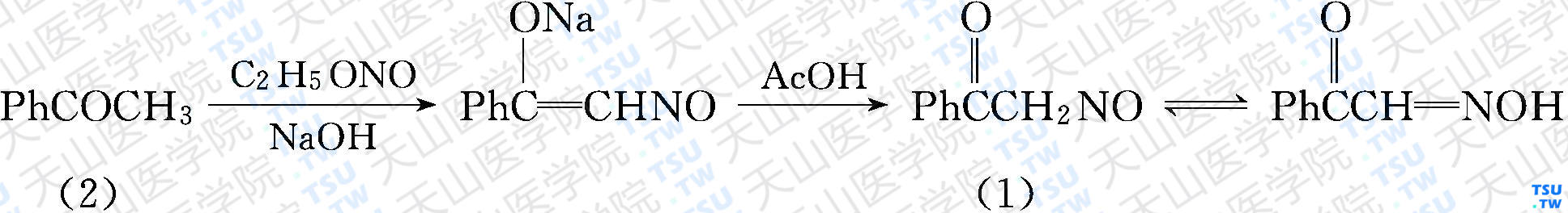 <i>α</i>-亚硝基苯乙酮（分子式：C<sub>8</sub>H<sub>7</sub>NO<sub>2</sub>）的合成方法路线及其结构式