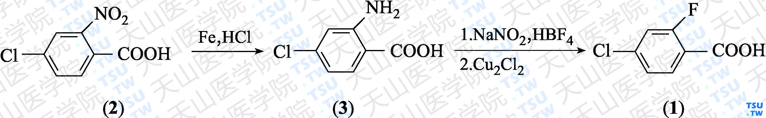 4-氯-2-氟苯甲酸（分子式：C<sub>7</sub>H<sub>4</sub>ClFO<sub>2</sub>）的合成方法路线及其结构式