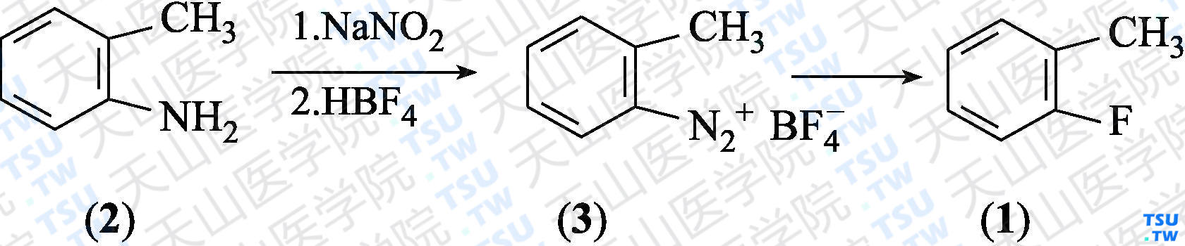 邻氟甲苯（分子式：C<sub>7</sub>H<sub>7</sub>F）的合成方法路线及其结构式