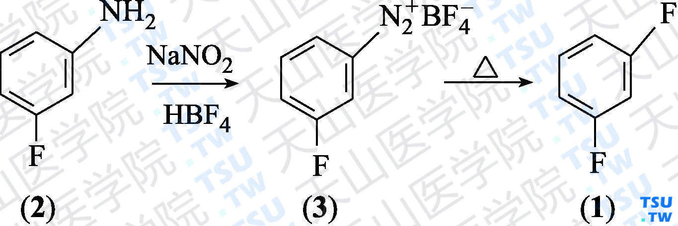 间二氟苯（分子式：C<sub>6</sub>H<sub>4</sub>F<sub>2</sub>）的合成方法路线及其结构式