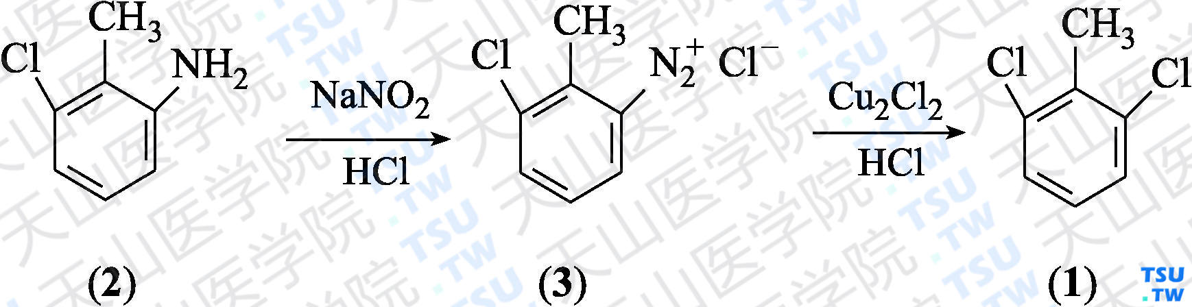 2，6-二氯甲苯（分子式：C<sub>7</sub>H<sub>6</sub>Cl<sub>2</sub>）的合成方法路线及其结构式