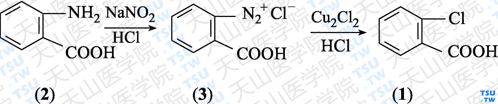 邻氯苯甲酸（分子式：C<sub>7</sub>H<sub>5</sub>ClO<sub>2</sub>）的合成方法路线及其结构式