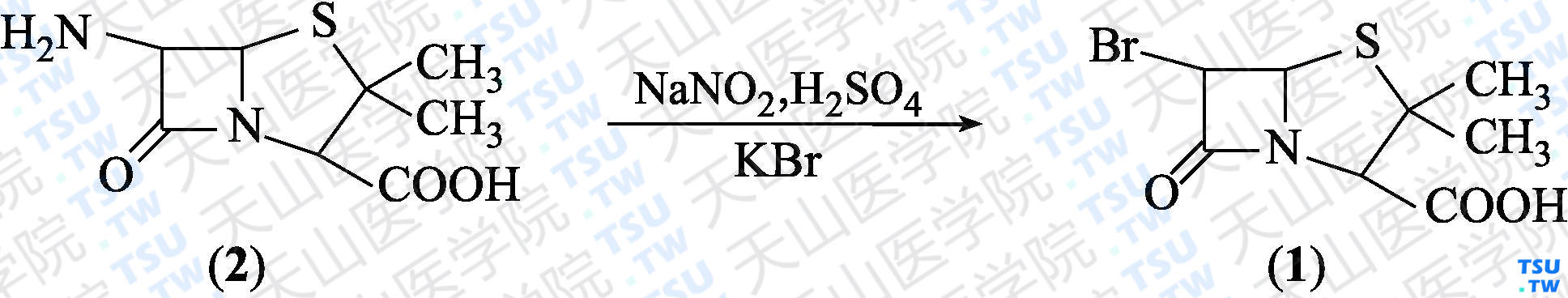 6<i>α</i>-溴青霉烷酸（分子式：C<sub>8</sub>H<sub>10</sub>BrNO<sub>3</sub>S）的合成方法路线及其结构式