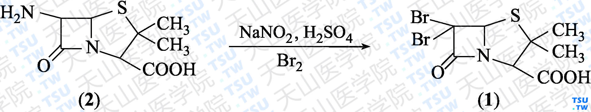 6<i>α</i>，6<i>β</i>-二溴青霉烷酸（分子式：C<sub>8</sub>H<sub>9</sub>Br<sub>2</sub>NO<sub>3</sub>S）的合成方法路线及其结构式