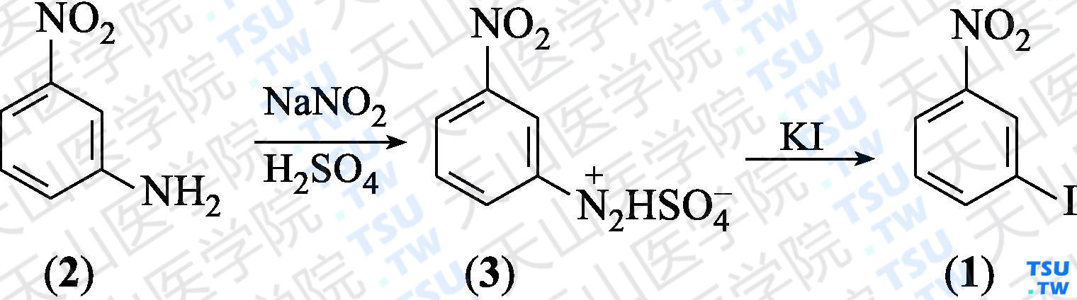 间碘硝基苯（分子式：C<sub>6</sub>H<sub>4</sub>INO<sub>2</sub>）的合成方法路线及其结构式