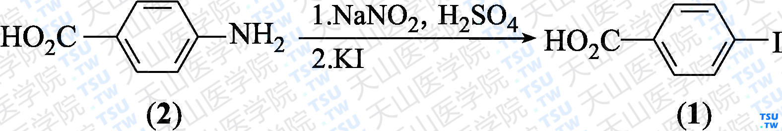 对碘苯甲酸（分子式：C<sub>7</sub>H<sub>5</sub>IO<sub>2</sub>）的合成方法路线及其结构式