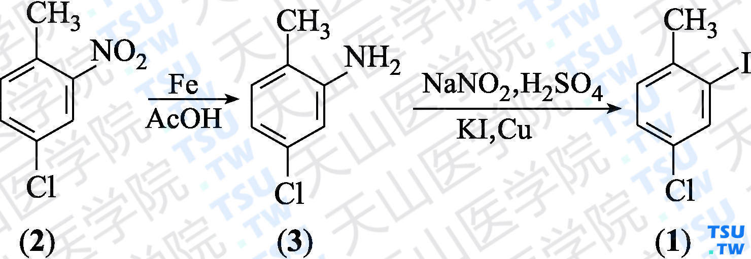 4-氯-2-碘甲苯（分子式：C<sub>7</sub>H<sub>6</sub>ClI）的合成方法路线及其结构式