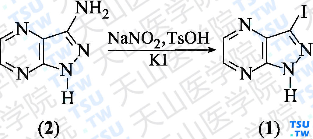 3-碘-1<i>H</i>-吡唑并[3，4-<i>b</i>]吡嗪（分子式：C<sub>5</sub>H<sub>3</sub>IN<sub>4</sub>）的合成方法路线及其结构式