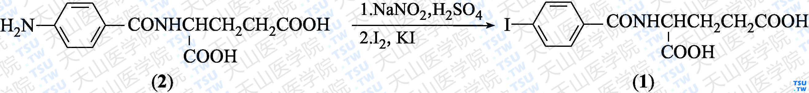 <i>N</i>-对碘苯甲酰基谷氨酸（分子式：C<sub>12</sub>H<sub>12</sub>INO<sub>5</sub>）的合成方法路线及其结构式