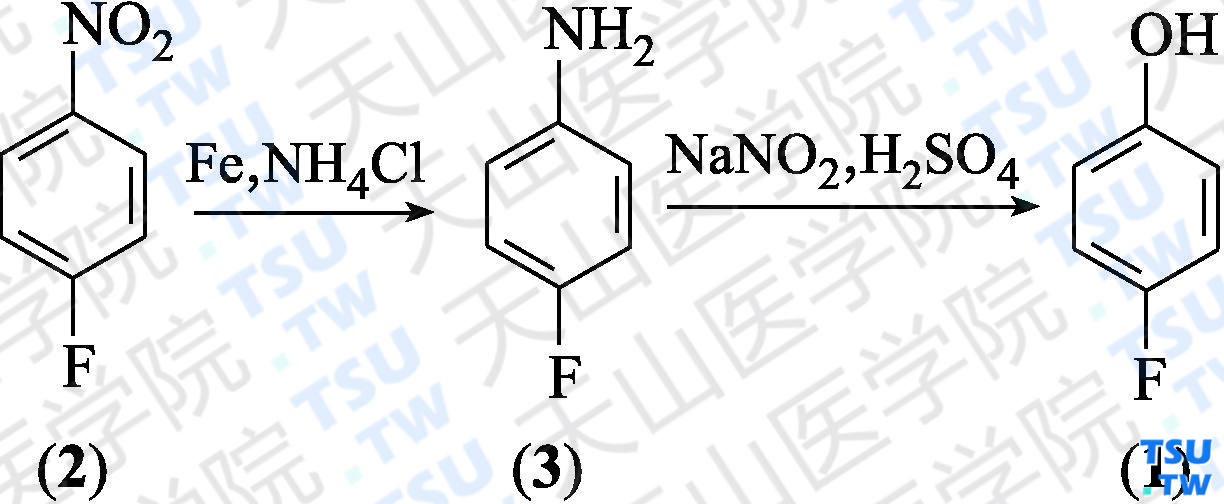 对氟苯酚（分子式：C<sub>6</sub>H<sub>5</sub>FO）的合成方法路线及其结构式