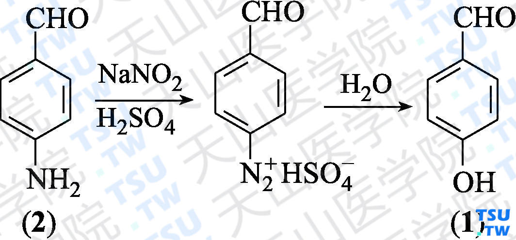 对羟基苯甲醛（分子式：C<sub>7</sub>H<sub>6</sub>O<sub>2</sub>）的合成方法路线及其结构式