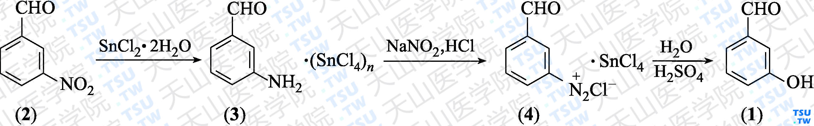 3-羟基苯甲醛（分子式：C<sub>7</sub>H<sub>6</sub>O<sub>2</sub>）的合成方法路线及其结构式