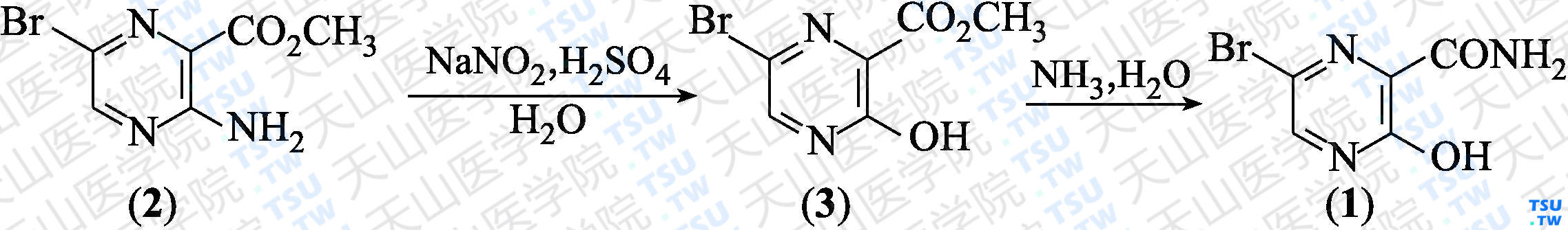 6-溴-3-羟基吡嗪-2-甲酰胺（分子式：C<sub>5</sub>H<sub>4</sub>BrN<sub>3</sub>O<sub>2</sub>）的合成方法路线及其结构式