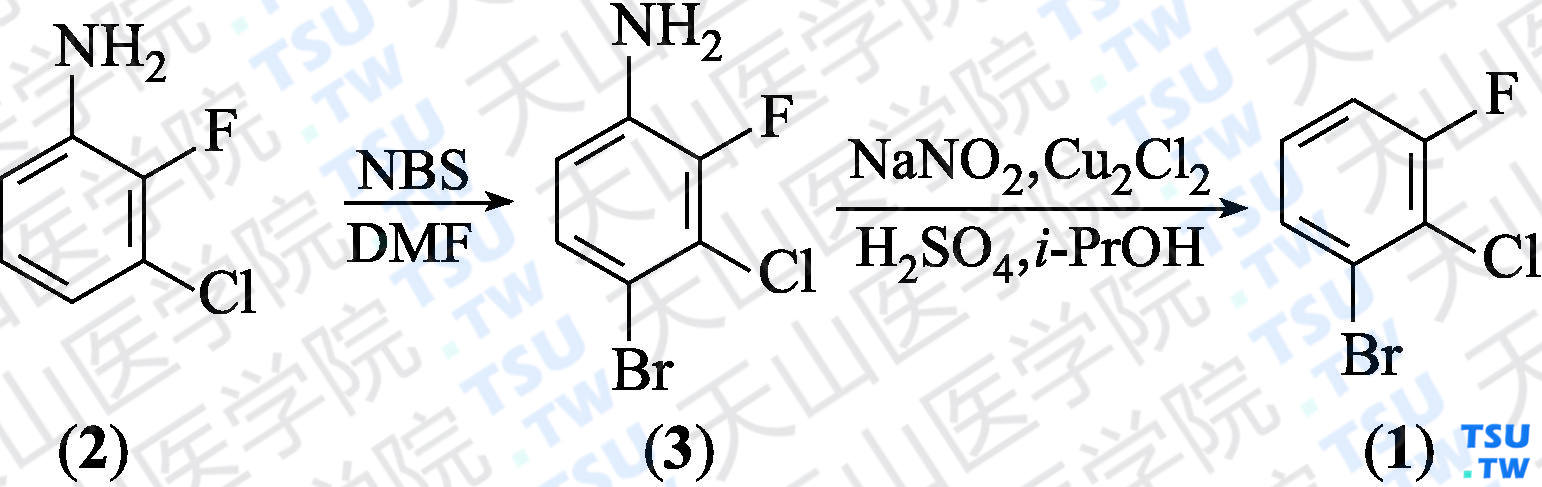 2-氯-3-氟溴苯（分子式：C<sub>6</sub>H<sub>3</sub>BrClF）的合成方法路线及其结构式