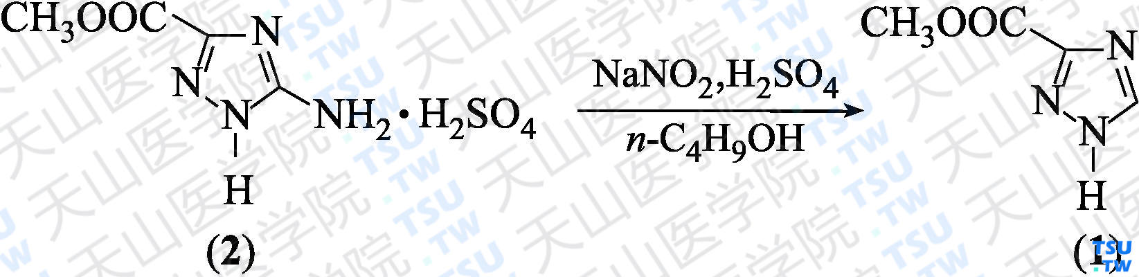 1，2，4-三氮唑-3-羧酸甲酯（分子式：C<sub>4</sub>H<sub>5</sub>N<sub>3</sub>O<sub>2</sub>）的合成方法路线及其结构式