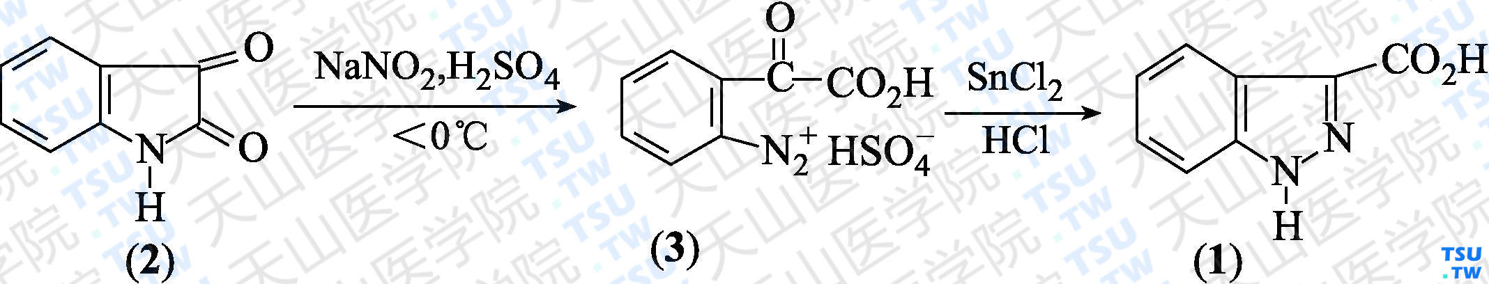 1<i>H</i>-吲唑-3-羧酸（分子式：C<sub>8</sub>H<sub>6</sub>N<sub>2</sub>O<sub>2</sub>）的合成方法路线及其结构式