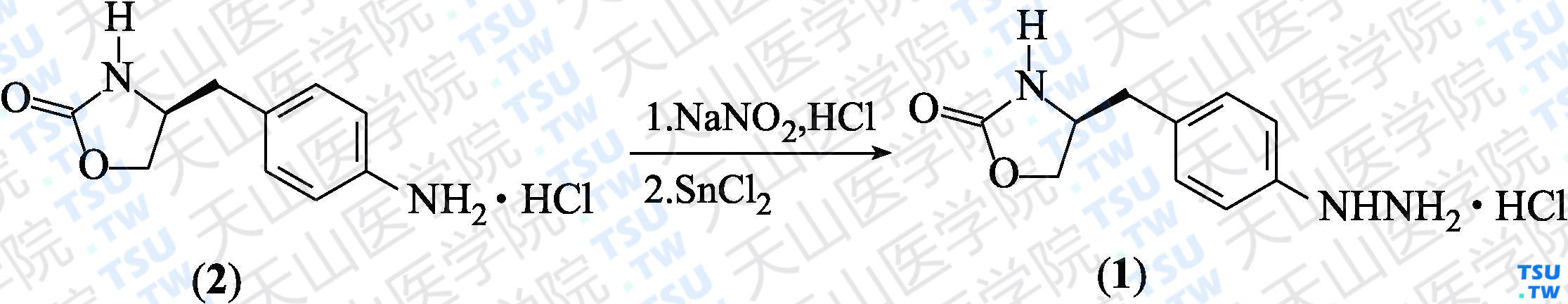 （<i>S</i>）-4-（4-肼基苄基）-1，3-噁唑啉-2-酮盐酸盐（分子式：C<sub>10</sub>H<sub>13</sub>N<sub>3</sub>O<sub>2</sub>·HCl）的合成方法路线及其结构式
