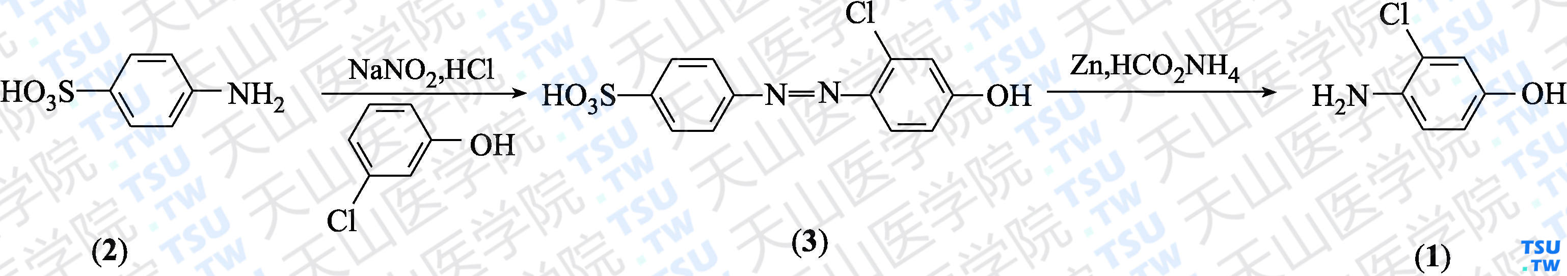 4-氨基-3-氯苯酚（分子式：C<sub>6</sub>H<sub>6</sub>ClNO）的合成方法路线及其结构式