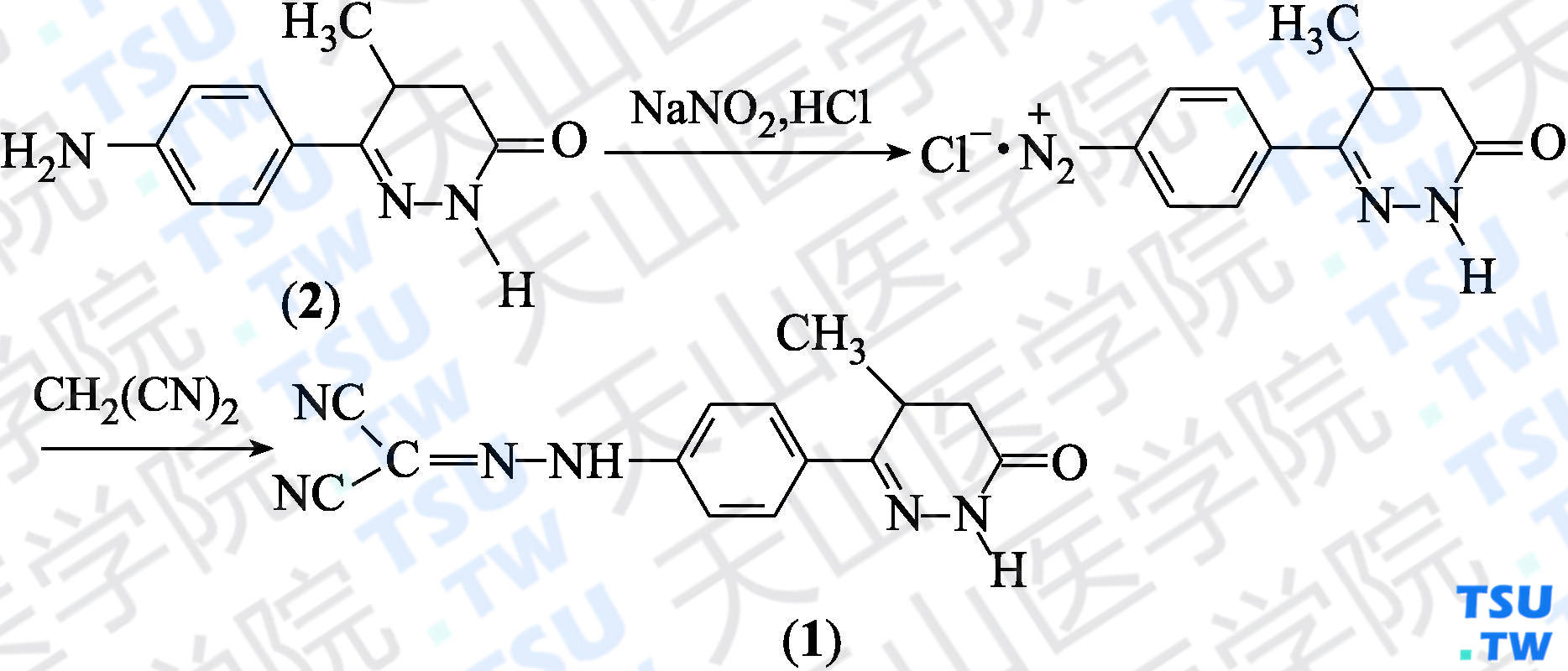 左西孟旦（分子式：C<sub>14</sub>H<sub>12</sub>N<sub>6</sub>O）的合成方法路线及其结构式