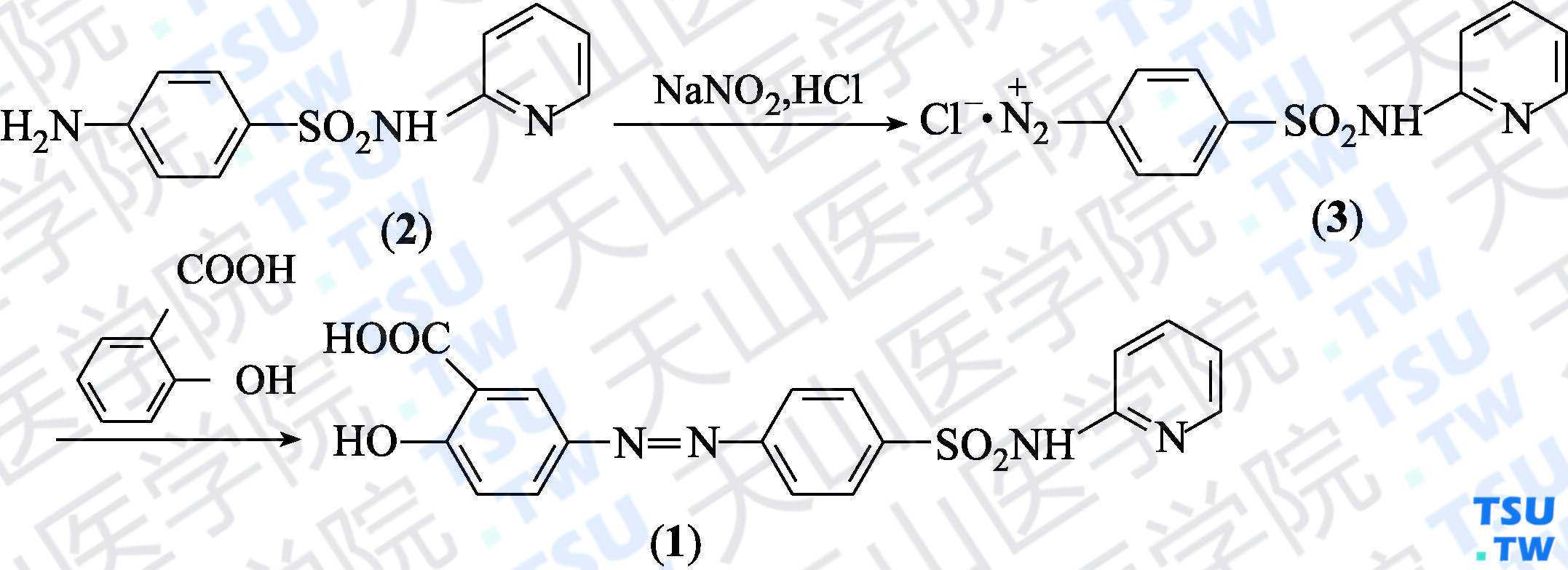柳氮磺胺吡啶（分子式：C<sub>18</sub>H<sub>14</sub>N<sub>2</sub>O<sub>5</sub>S）的合成方法路线及其结构式