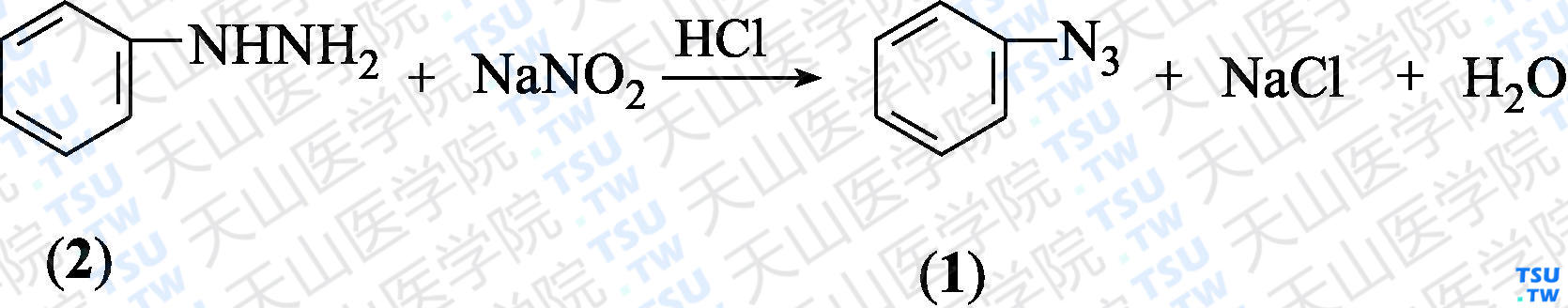 叠氮苯（分子式：C<sub>6</sub>H<sub>5</sub>N<sub>3</sub><sub>）的合成方法路线及其结构式
