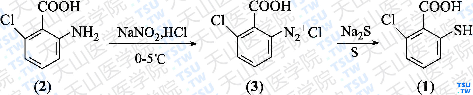 2-氯-6-巯基苯甲酸（分子式：C<sub>7</sub>H<sub>5</sub>ClO<sub>2</sub>S）的合成方法路线及其结构式