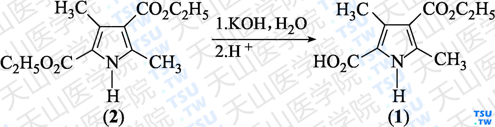 4-乙氧羰基-3，5-二甲基-1<i>H</i>-吡咯-2-羧酸（分子式：C<sub>10</sub>H<sub>13</sub>NO<sub>4</sub>）的合成方法路线及其结构式