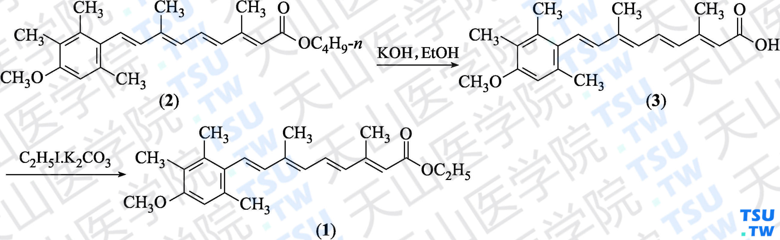 阿维A酯（分子式：C<sub>23</sub>H<sub>30</sub>O<sub>3</sub>）的合成方法路线及其结构式