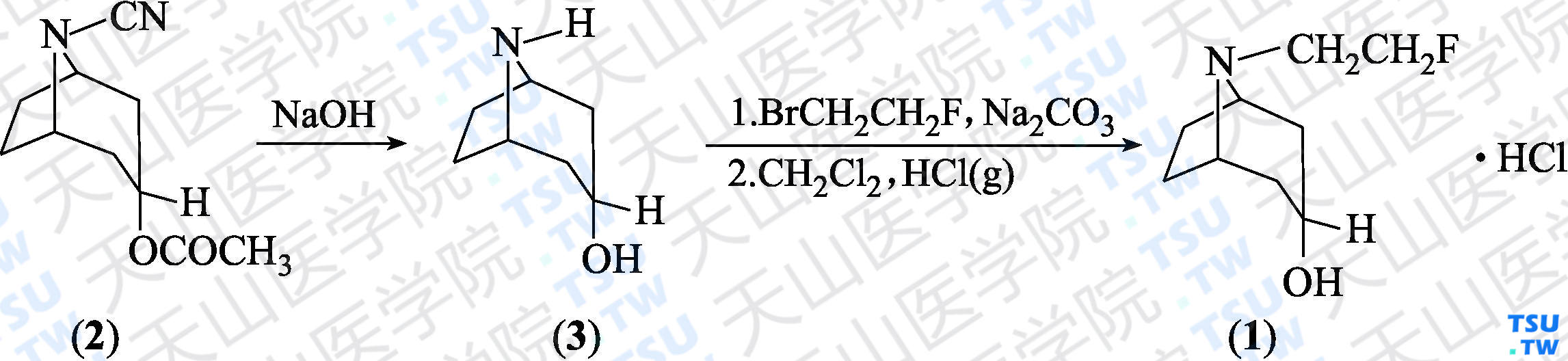 <i>N</i>-<i>β</i>-氟乙基去甲莨菪碱盐酸盐（分子式：C<sub>9</sub>H<sub>16</sub>NOF·HCl）的合成方法路线及其结构式