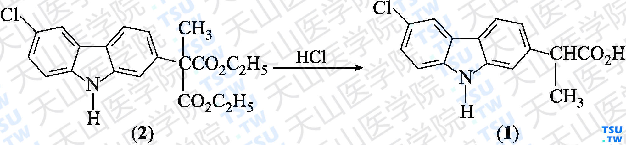 卡洛芬（分子式：C<sub>15</sub>H<sub>12</sub>ClNO<sub>2</sub>）的合成方法路线及其结构式