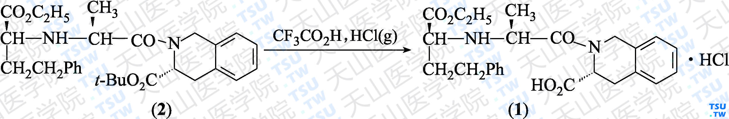 盐酸喹那普利（分子式：C<sub>25</sub>H<sub>30</sub>N<sub>2</sub>O<sub>5</sub>·HCl）的合成方法路线及其结构式