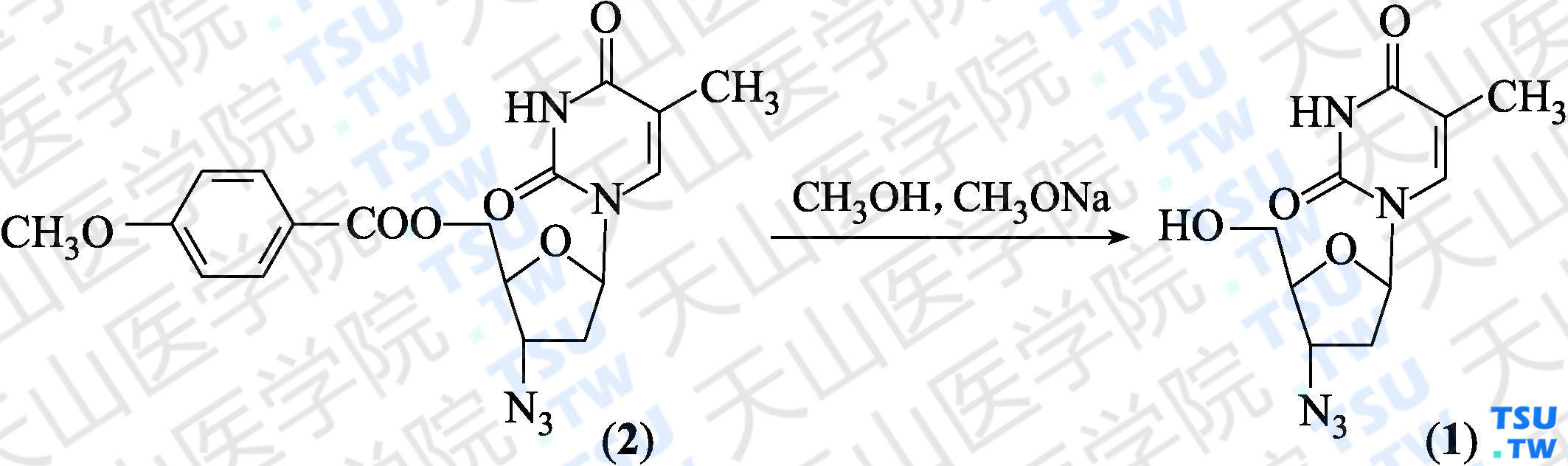 齐多夫定（分子式：C<sub>10</sub>H<sub>13</sub>N<sub>5</sub>O<sub>4</sub>）的合成方法路线及其结构式