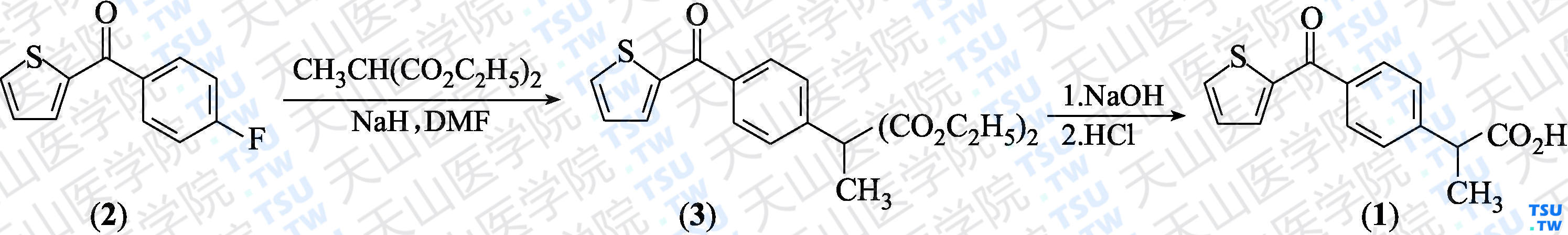 舒洛芬（分子式：C<sub>14</sub>H<sub>12</sub>O<sub>3</sub>S）的合成方法路线及其结构式