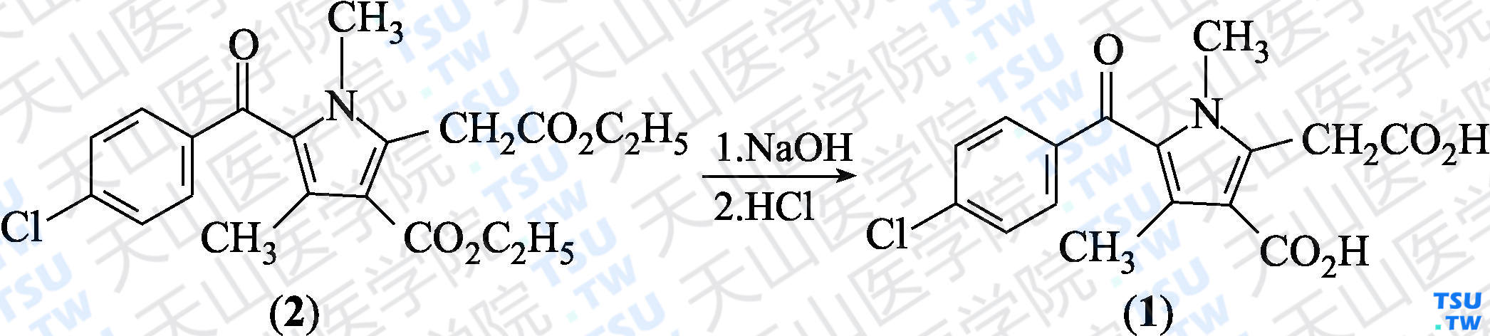 3-羧基-5-（4-氯苯甲酰基）-1，4-二甲基-1<i>H</i>-吡咯-2-乙酸（分子式：C<sub>16</sub>H<sub>14</sub>ClNO<sub>5</sub>）的合成方法路线及其结构式