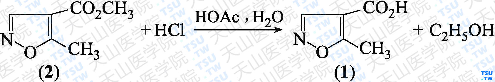 5-甲基异噁唑-4-甲酸（分子式：C<sub>5</sub>H<sub>5</sub>NO<sub>3</sub>）的合成方法路线及其结构式