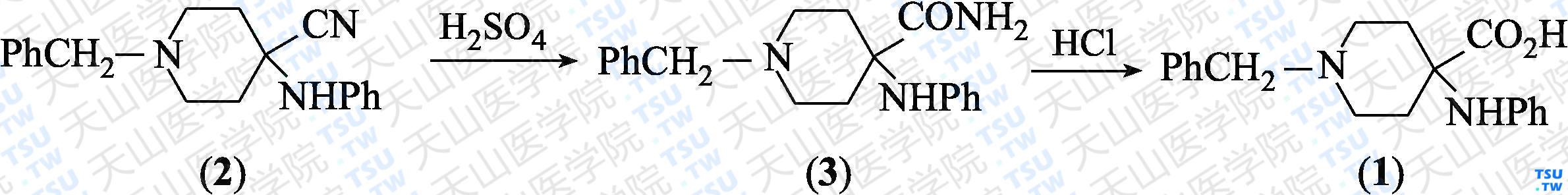 4-苯氨基-1-苄基-4-哌啶羧酸（分子式：C<sub>19</sub>H<sub>22</sub>N<sub>2</sub>O<sub>2</sub>）的合成方法路线及其结构式
