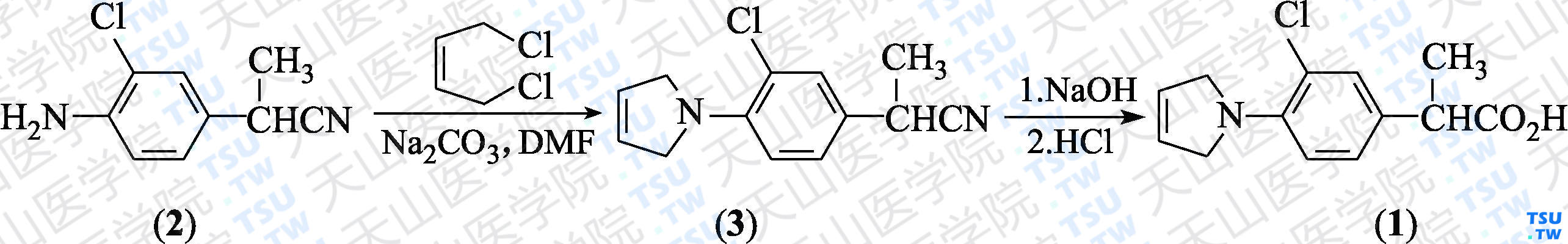 吡洛芬（分子式：C<sub>13</sub>H<sub>14</sub>ClNO<sub>2</sub>）的合成方法路线及其结构式