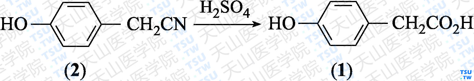 对羟基苯乙酸（分子式：C<sub>8</sub>H<sub>8</sub>O<sub>3</sub>）的合成方法路线及其结构式