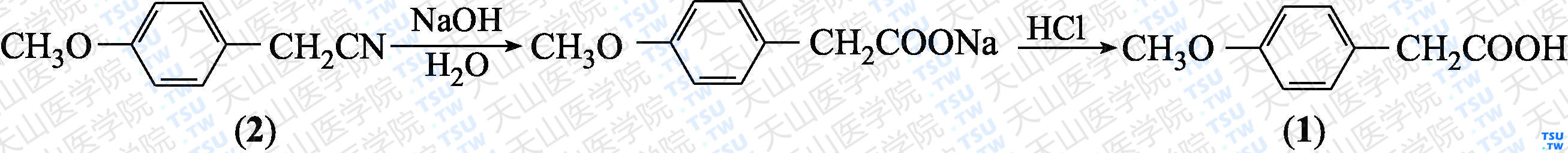 对甲氧基苯乙酸（分子式：C<sub>9</sub>H<sub>10</sub>O<sub>3</sub>）的合成方法路线及其结构式