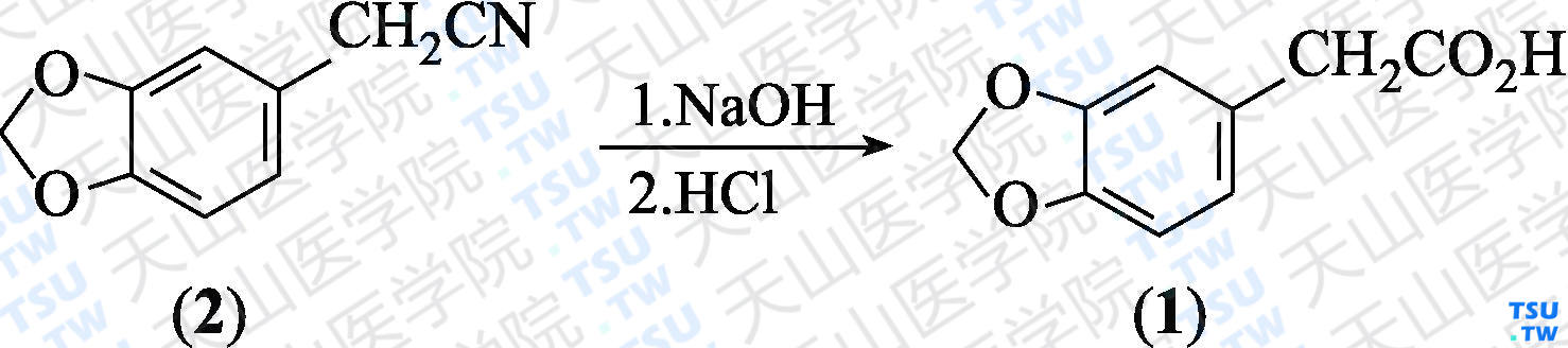 胡椒乙酸（分子式：C<sub>9</sub>H<sub>8</sub>O<sub>4</sub>）的合成方法路线及其结构式