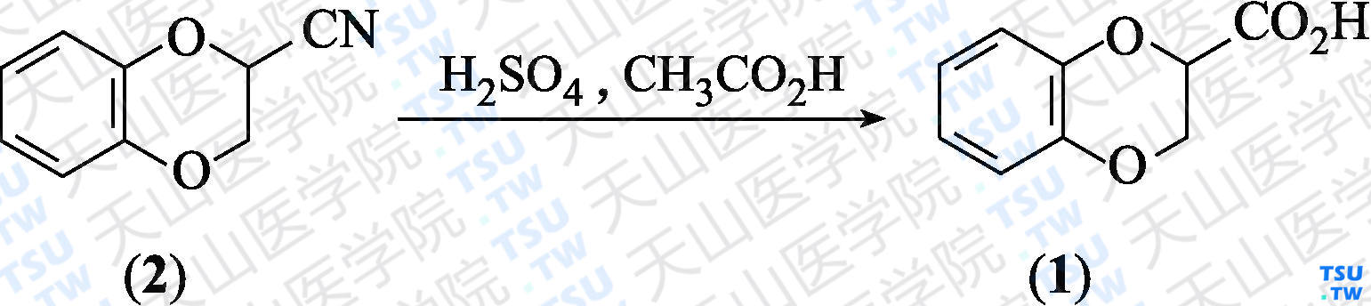 1，4-苯并二噁烷-2-羧酸（分子式：C<sub>9</sub>H<sub>8</sub>O<sub>4</sub>）的合成方法路线及其结构式