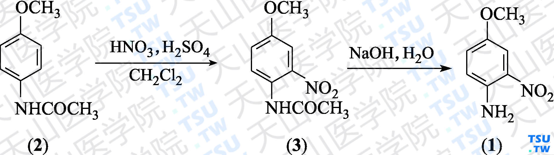 4-甲氧基-2-硝基苯胺（分子式：C<sub>7</sub>H<sub>8</sub>N<sub>2</sub>O<sub>3</sub>）的合成方法路线及其结构式