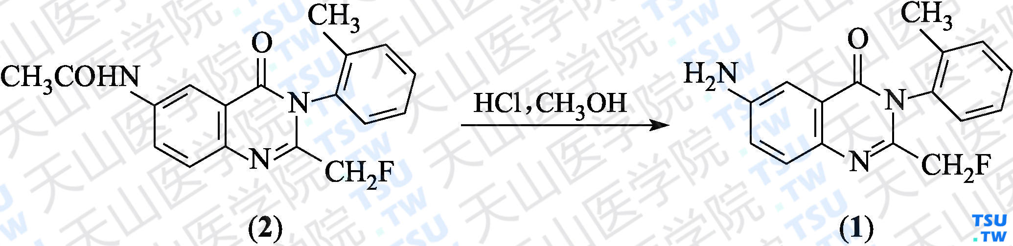 氟喹酮（分子式：C<sub>16</sub>H<sub>14</sub>FN<sub>3</sub>O）的合成方法路线及其结构式