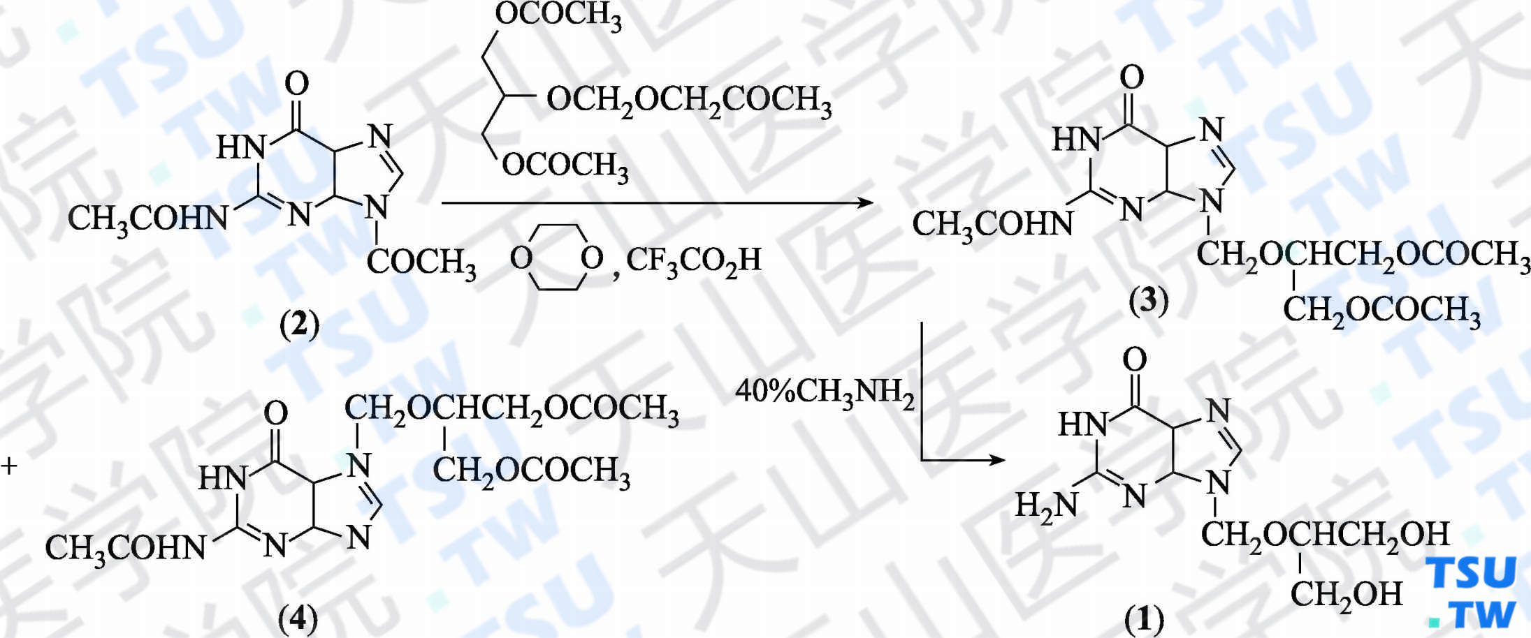 更昔洛韦（分子式：C<sub>9</sub>H<sub>15</sub>N<sub>5</sub>O<sub>4</sub>）的合成方法路线及其结构式