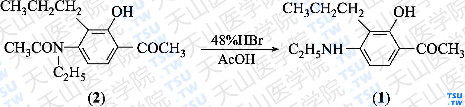 4-<i>N</i>-乙氨基-3-丙基-2-羟基苯乙酮（分子式：C<sub>13</sub>H<sub>19</sub>NO<sub>2</sub>）的合成方法路线及其结构式