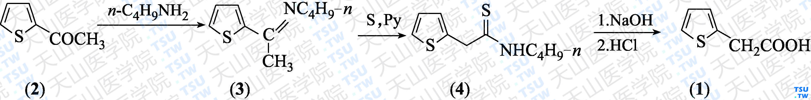 2-噻吩乙酸（分子式：C<sub>6</sub>H<sub>6</sub>O<sub>2</sub>S）的合成方法路线及其结构式