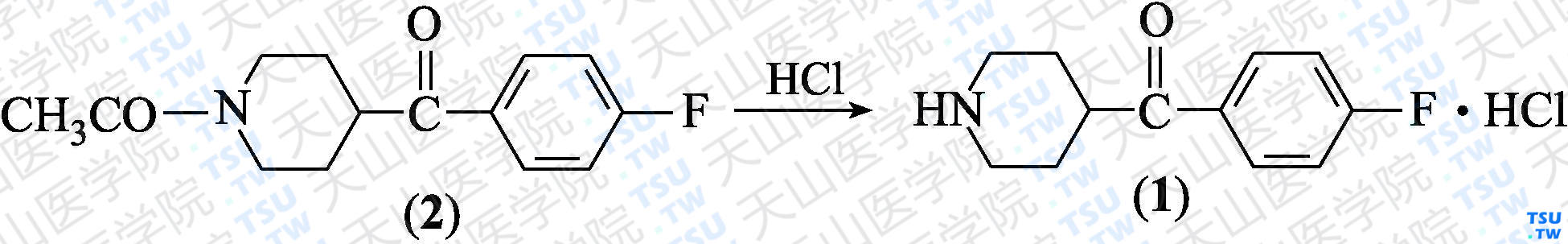 4-（4-氟苯甲酰基）哌啶盐酸盐（分子式：C<sub>12</sub>H<sub>14</sub>FNO·HCl）的合成方法路线及其结构式