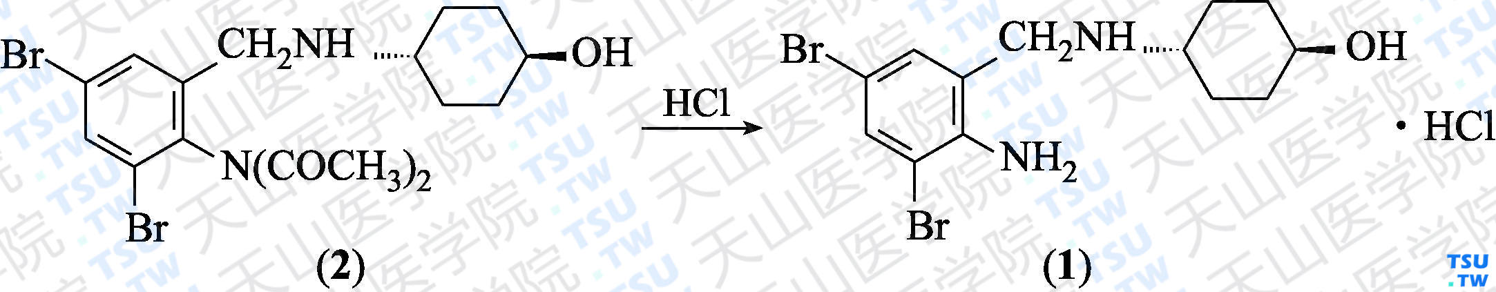 盐酸氨溴索（分子式：C<sub>13</sub>H<sub>18</sub>Br<sub>2</sub>N<sub>2</sub>O·HCl）的合成方法路线及其结构式