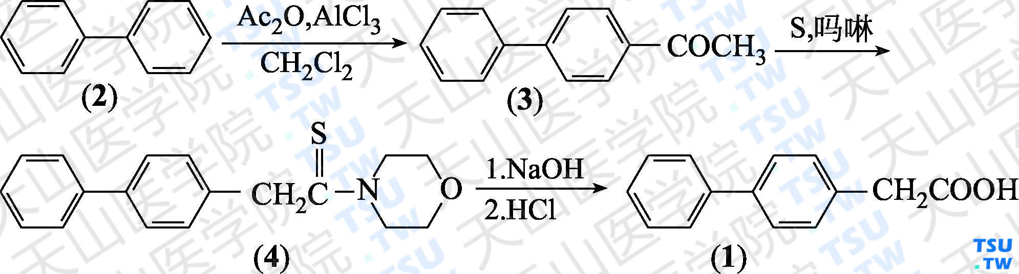 联苯-4-乙酸（分子式：C<sub>14</sub>H<sub>12</sub>O<sub>2</sub>）的合成方法路线及其结构式